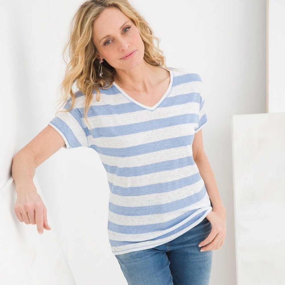 Chicos white and blue linen shine stripe tee‎